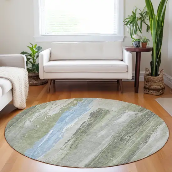 8' Olive Green And Sky Blue Round Abstract Washable Indoor Outdoor Area Rug Photo 6