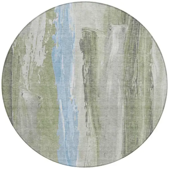 8' Olive Green And Sky Blue Round Abstract Washable Indoor Outdoor Area Rug Photo 3