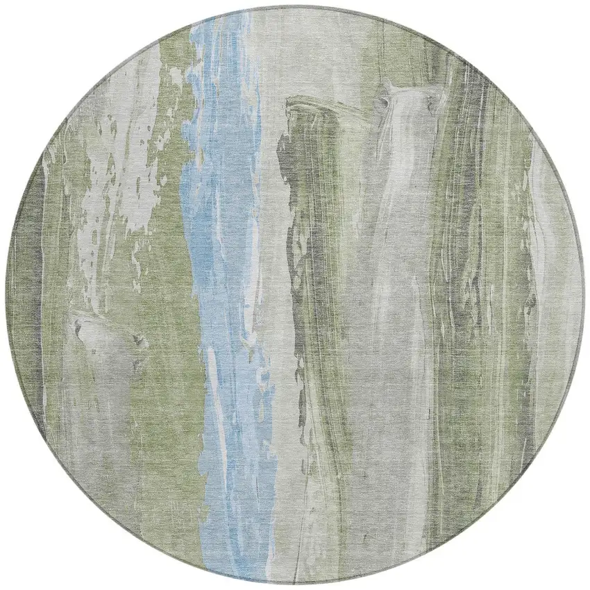 8' Olive Green And Sky Blue Round Abstract Washable Indoor Outdoor Area Rug Photo 3