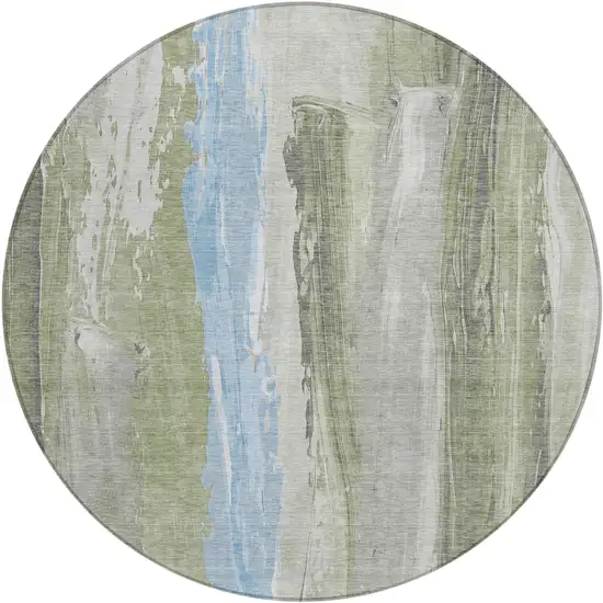 8' Olive Green And Sky Blue Round Abstract Washable Indoor Outdoor Area Rug Photo 1
