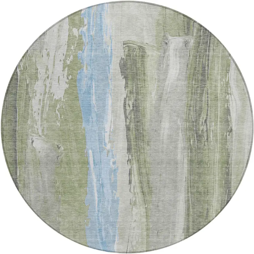 8' Olive Green And Sky Blue Round Abstract Washable Indoor Outdoor Area Rug Photo 1