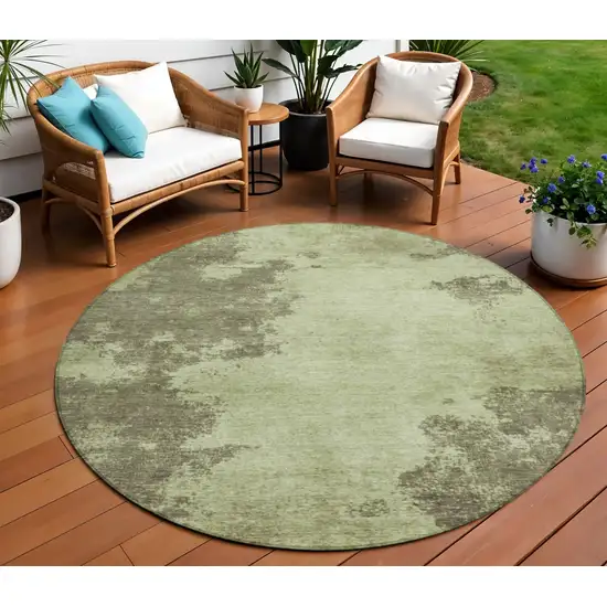 8' Olive Green And Taupe Round Abstract Washable Indoor Outdoor Area Rug Photo 2