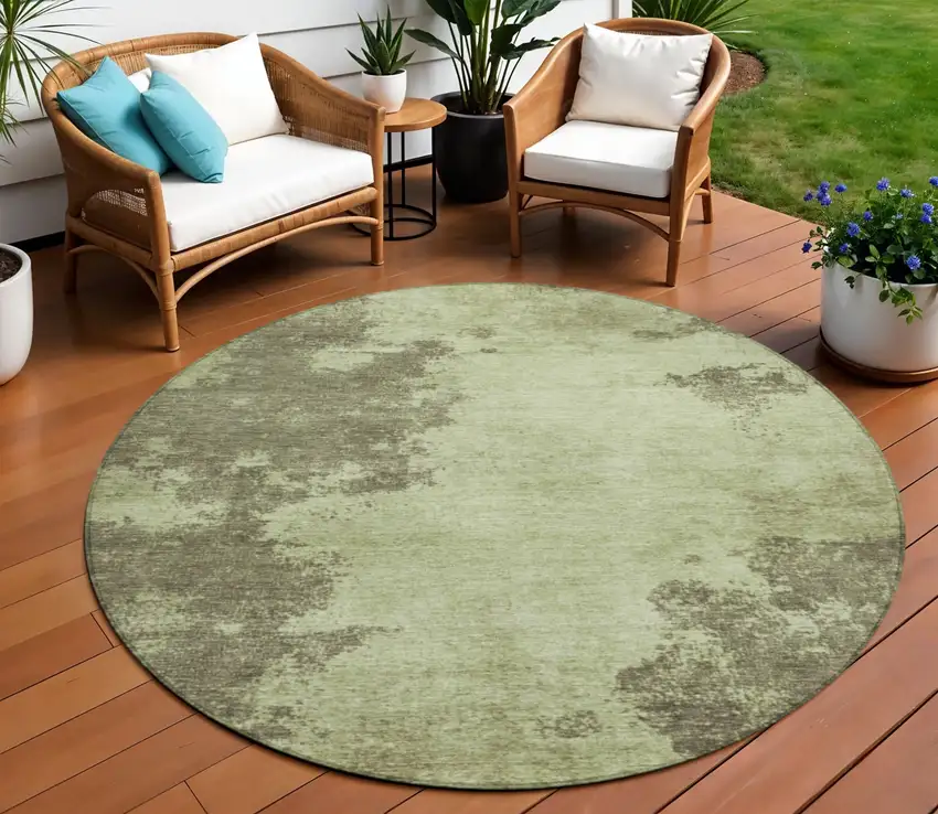 8' Olive Green And Taupe Round Abstract Washable Indoor Outdoor Area Rug Photo 2
