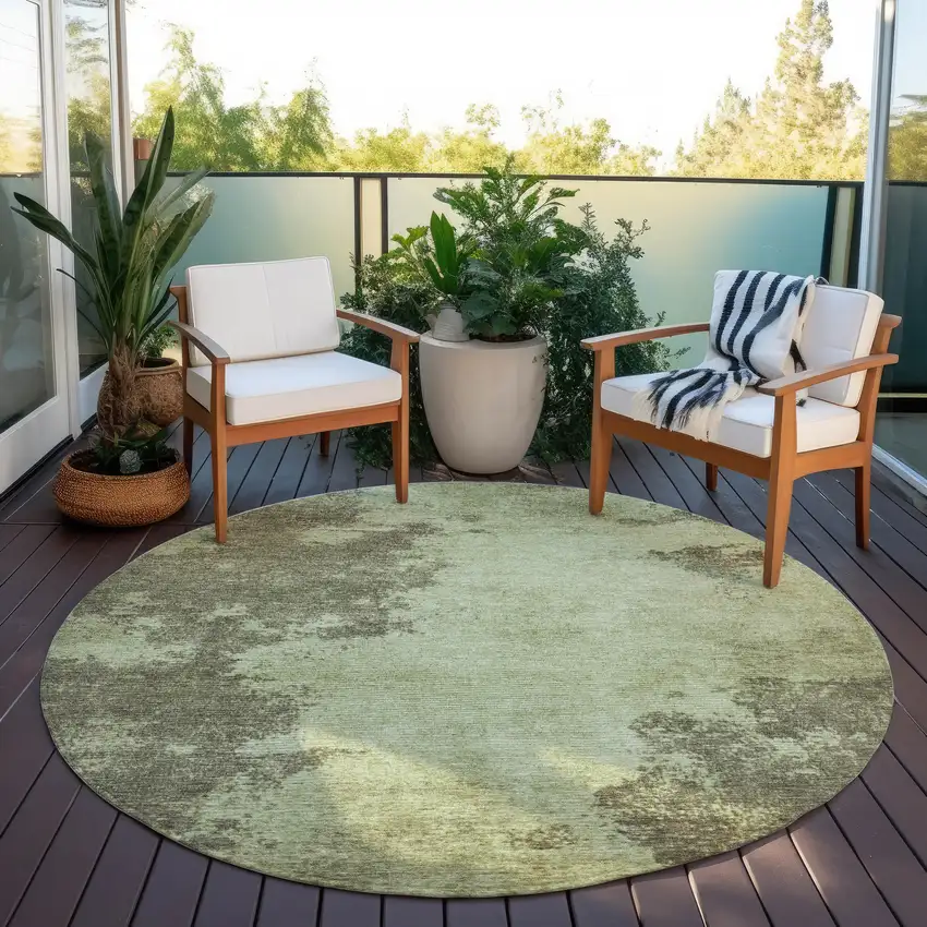 8' Olive Green And Taupe Round Abstract Washable Indoor Outdoor Area Rug Photo 5