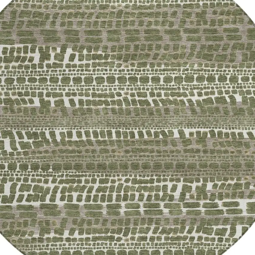 8' Olive Green And Taupe Round Abstract Washable Indoor Outdoor Area Rug Photo 2