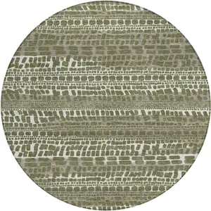 Photo of 8' Olive Green And Taupe Round Abstract Washable Indoor Outdoor Area Rug
