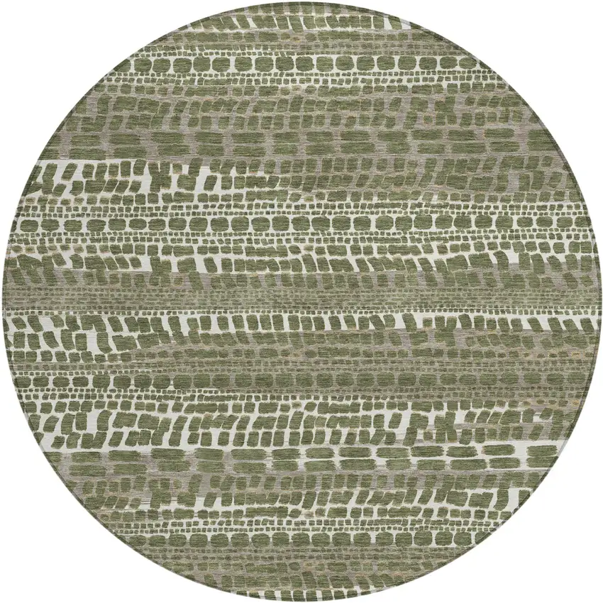 8' Olive Green And Taupe Round Abstract Washable Indoor Outdoor Area Rug Photo 1