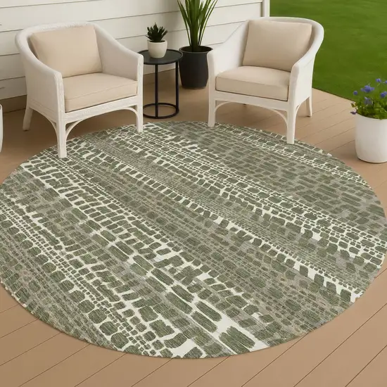 8' Olive Green And Taupe Round Abstract Washable Indoor Outdoor Area Rug Photo 4