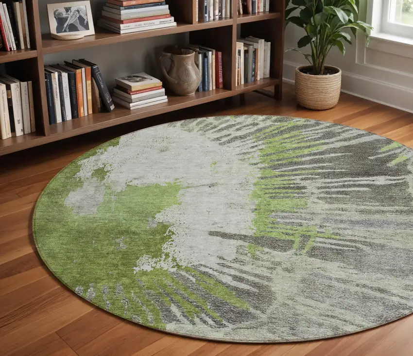 8' Olive Green Artichoke Green And Fern Green Round Abstract Washable Indoor Outdoor Area Rug Photo 8