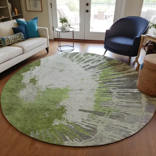 8' Olive Green Artichoke Green And Fern Green Round Abstract Washable Indoor Outdoor Area Rug Photo 7