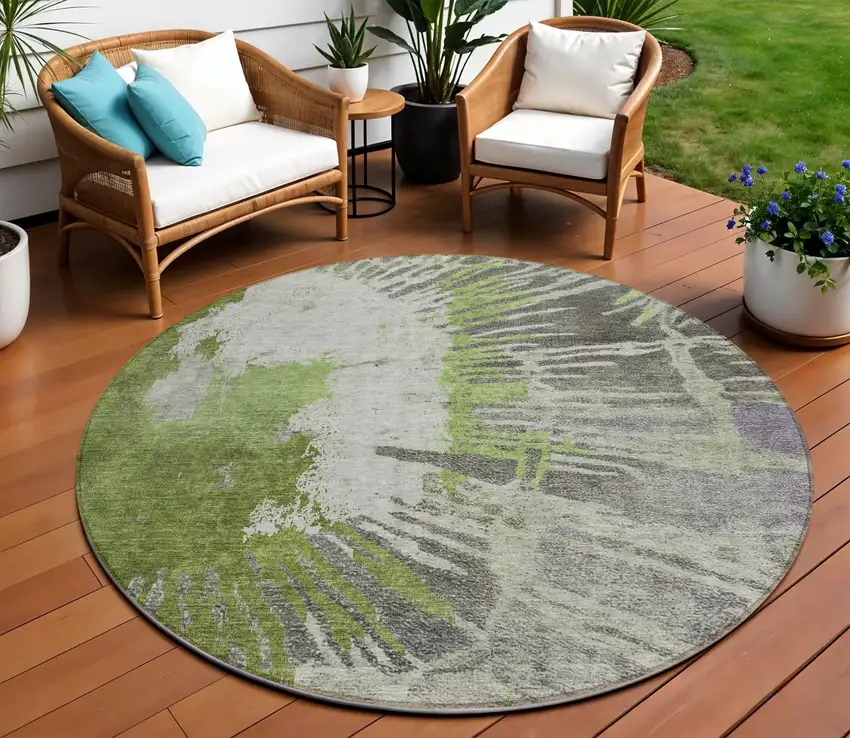 8' Olive Green Artichoke Green And Fern Green Round Abstract Washable Indoor Outdoor Area Rug Photo 1