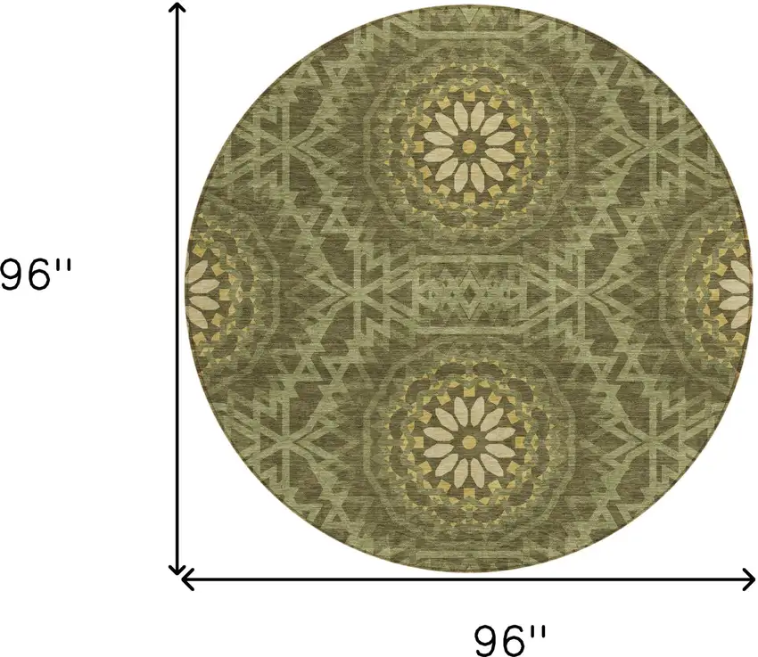 8' Olive Green Artichoke Green And Gold Round Floral Medallion Washable Indoor Outdoor Area Rug Photo 3