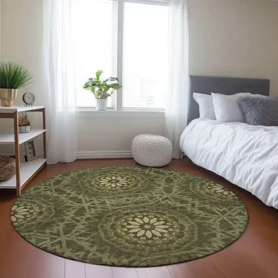 8' Olive Green Artichoke Green And Gold Round Floral Medallion Washable Indoor Outdoor Area Rug Photo 7