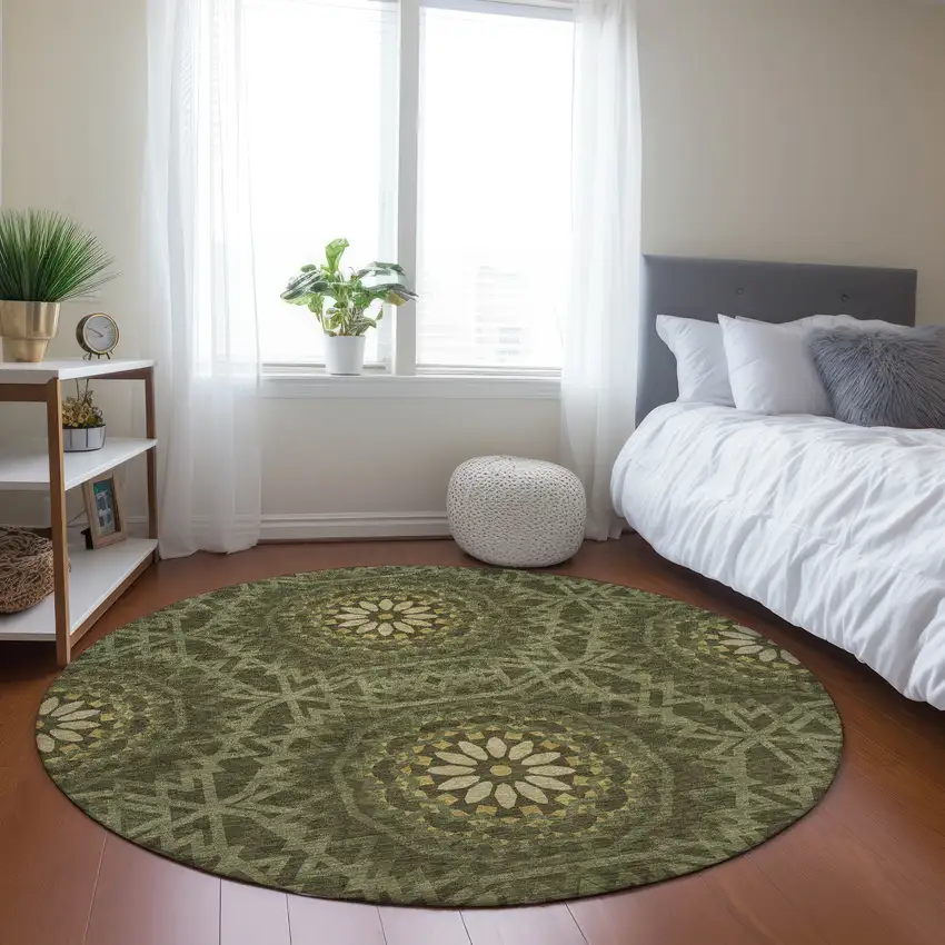 8' Olive Green Artichoke Green And Gold Round Floral Medallion Washable Indoor Outdoor Area Rug Photo 7