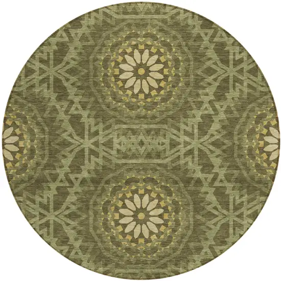 8' Olive Green Artichoke Green And Gold Round Floral Medallion Washable Indoor Outdoor Area Rug Photo 2