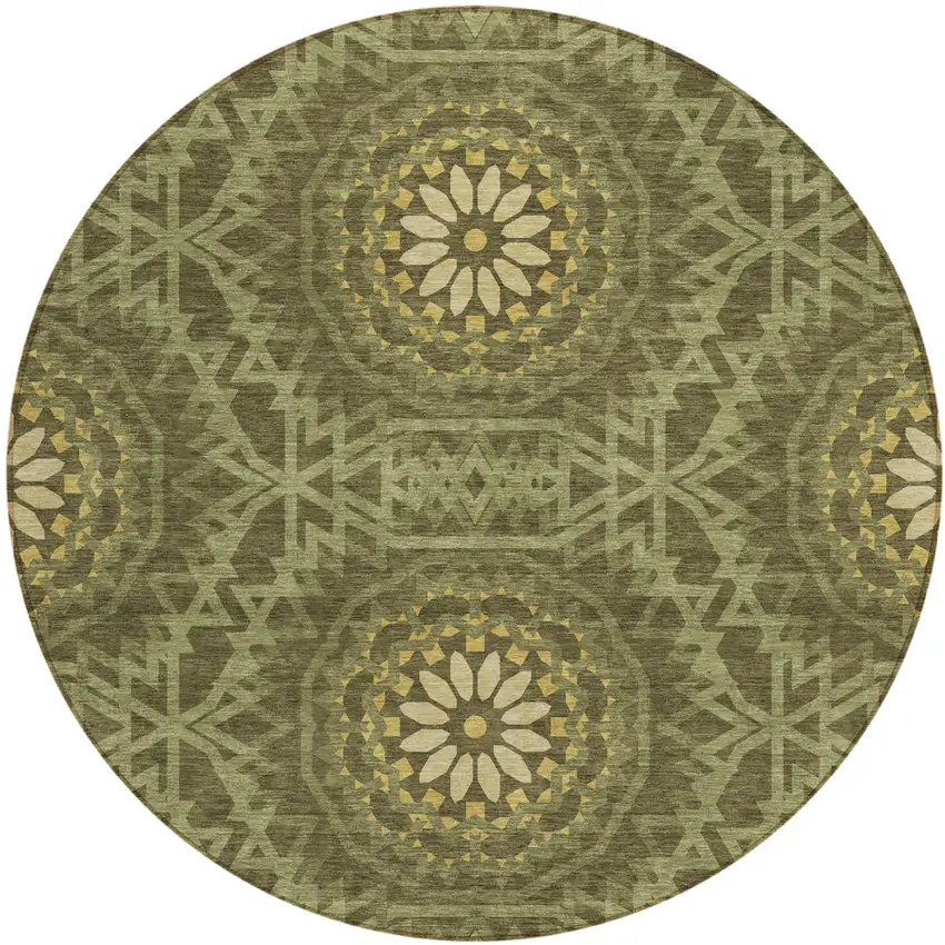 8' Olive Green Artichoke Green And Gold Round Floral Medallion Washable Indoor Outdoor Area Rug Photo 2