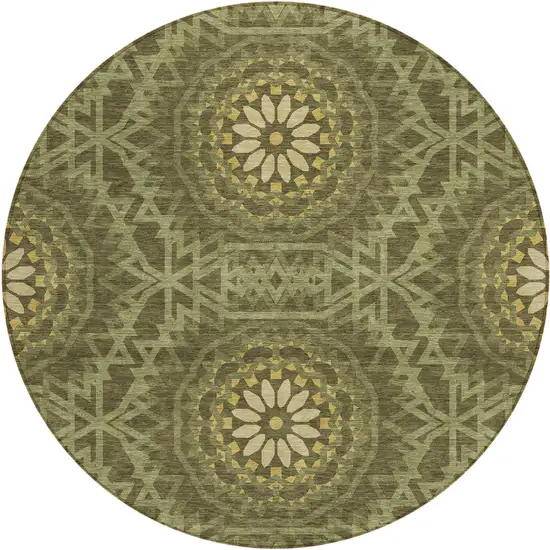 8' Olive Green Artichoke Green And Gold Round Floral Medallion Washable Indoor Outdoor Area Rug Photo 2