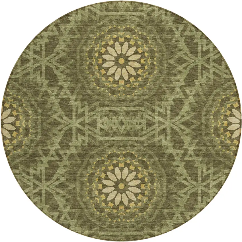 8' Olive Green Artichoke Green And Gold Round Floral Medallion Washable Indoor Outdoor Area Rug Photo 2