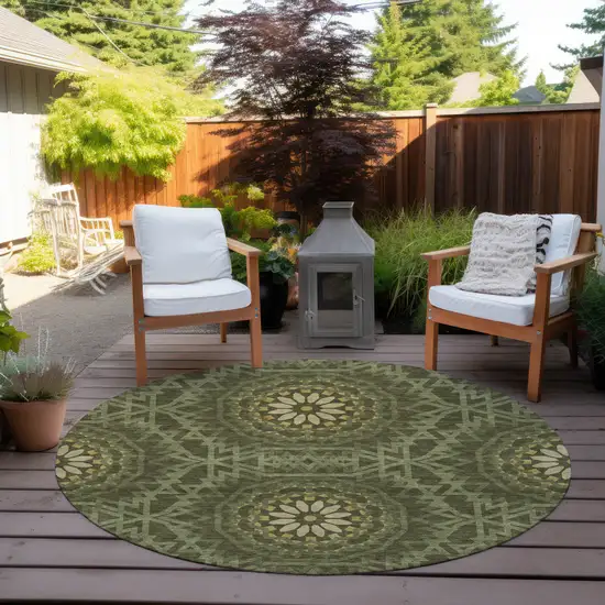 8' Olive Green Artichoke Green And Gold Round Floral Medallion Washable Indoor Outdoor Area Rug Photo 6