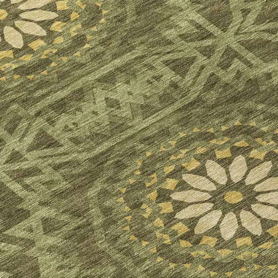 8' Olive Green Artichoke Green And Gold Round Floral Medallion Washable Indoor Outdoor Area Rug Photo 4