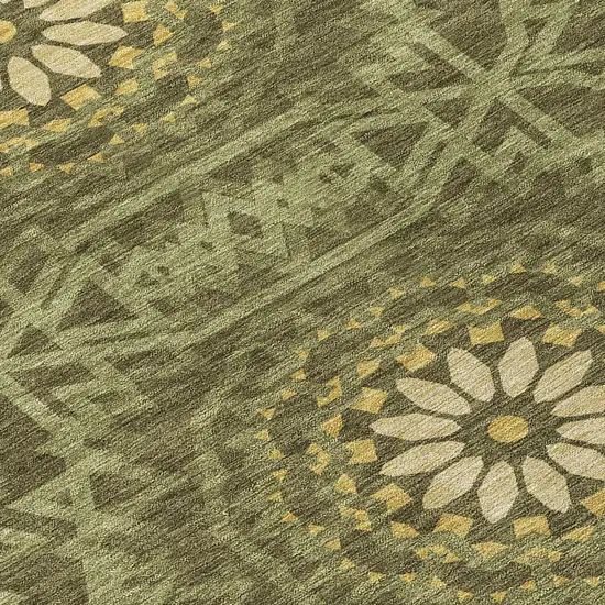 8' Olive Green Artichoke Green And Gold Round Floral Medallion Washable Indoor Outdoor Area Rug Photo 4