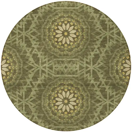 8' Olive Green Artichoke Green And Gold Round Floral Medallion Washable Indoor Outdoor Area Rug Photo 5