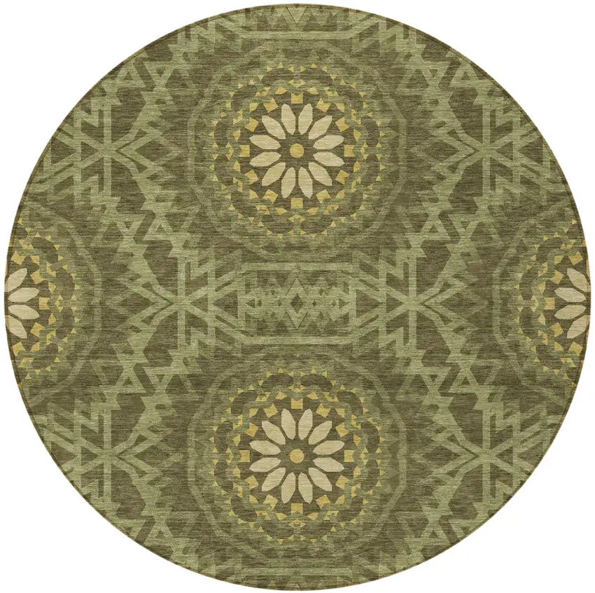 8' Olive Green Artichoke Green And Gold Round Floral Medallion Washable Indoor Outdoor Area Rug Photo 5