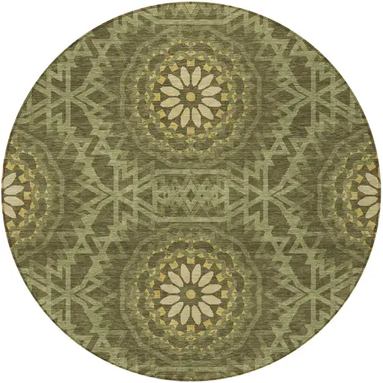 8' Olive Green Artichoke Green And Gold Round Floral Medallion Washable Indoor Outdoor Area Rug Photo 5
