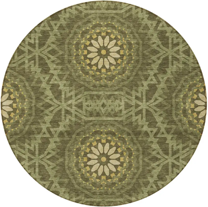 8' Olive Green Artichoke Green And Gold Round Floral Medallion Washable Indoor Outdoor Area Rug Photo 5