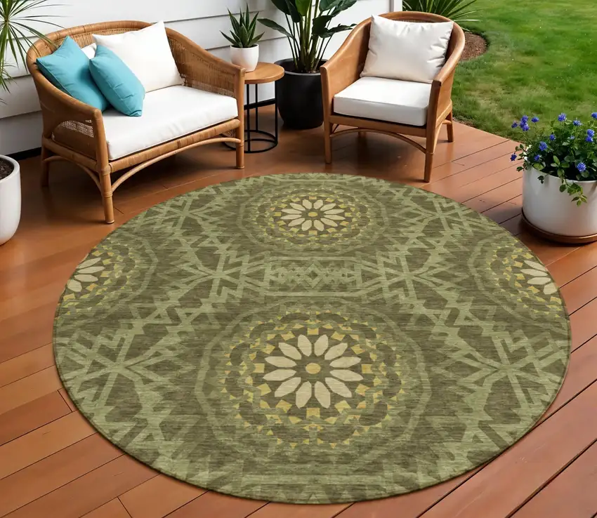 8' Olive Green Artichoke Green And Gold Round Floral Medallion Washable Indoor Outdoor Area Rug Photo 1