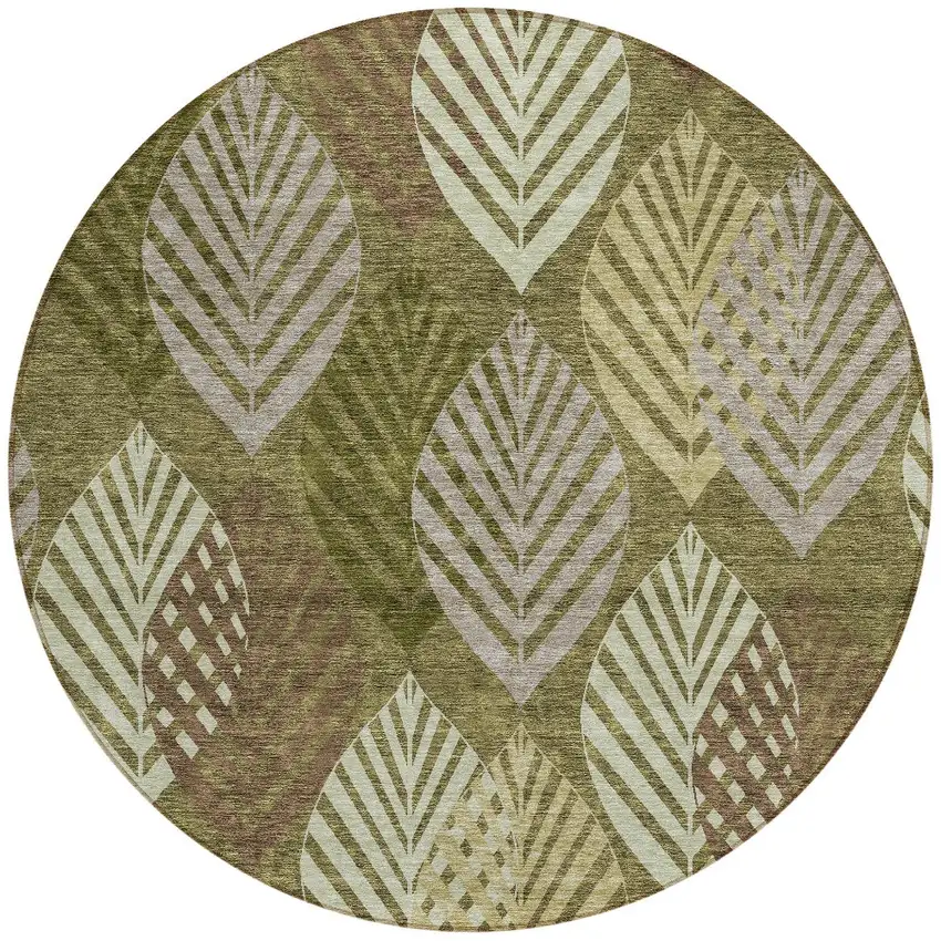 8' Olive Green Artichoke Green And Gray Round Floral Washable Indoor Outdoor Area Rug Photo 7