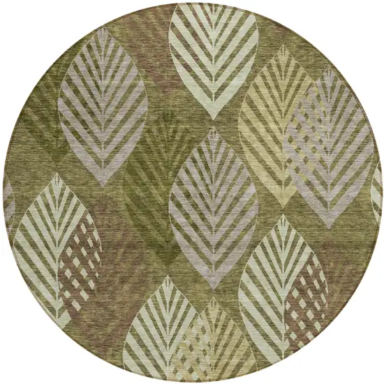 8' Olive Green Artichoke Green And Gray Round Floral Washable Indoor Outdoor Area Rug Photo 1