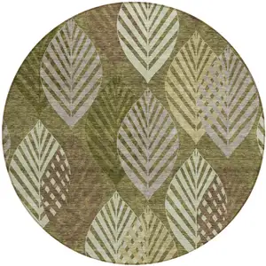 Photo of 8' Olive Green Artichoke Green And Gray Round Floral Washable Indoor Outdoor Area Rug