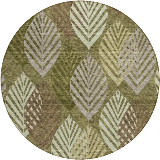 8' Olive Green Artichoke Green And Gray Round Floral Washable Indoor Outdoor Area Rug Photo 1