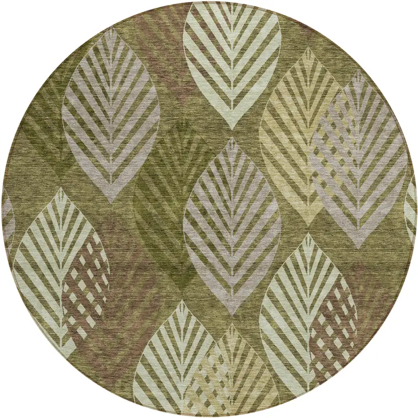 8' Olive Green Artichoke Green And Gray Round Floral Washable Indoor Outdoor Area Rug Photo 1