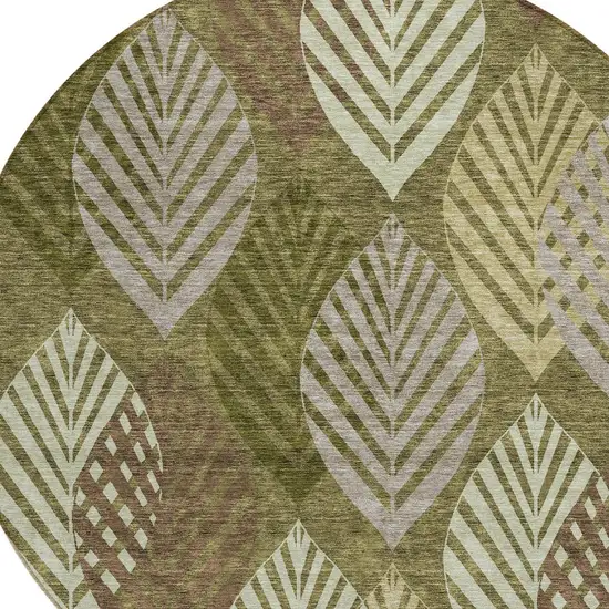 8' Olive Green Artichoke Green And Gray Round Floral Washable Indoor Outdoor Area Rug Photo 5