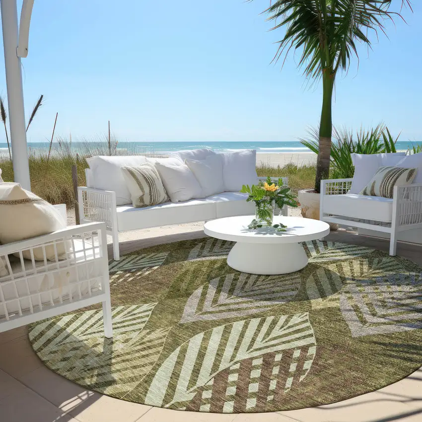 8' Olive Green Artichoke Green And Gray Round Floral Washable Indoor Outdoor Area Rug Photo 8