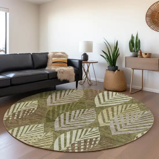 8' Olive Green Artichoke Green And Gray Round Floral Washable Indoor Outdoor Area Rug Photo 8