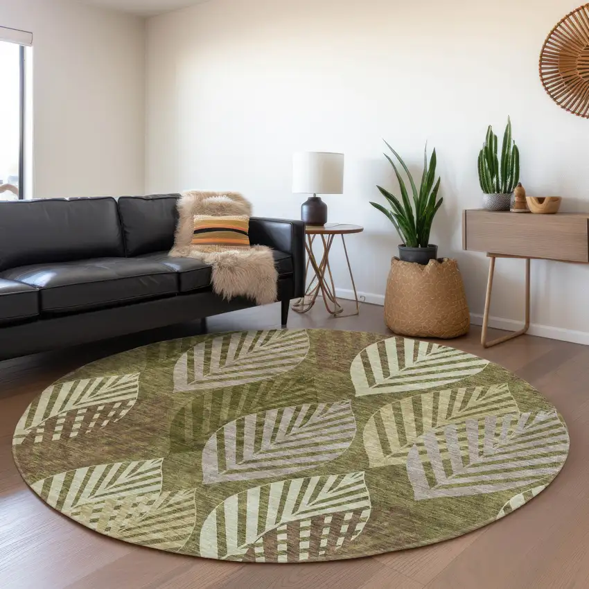 8' Olive Green Artichoke Green And Gray Round Floral Washable Indoor Outdoor Area Rug Photo 8