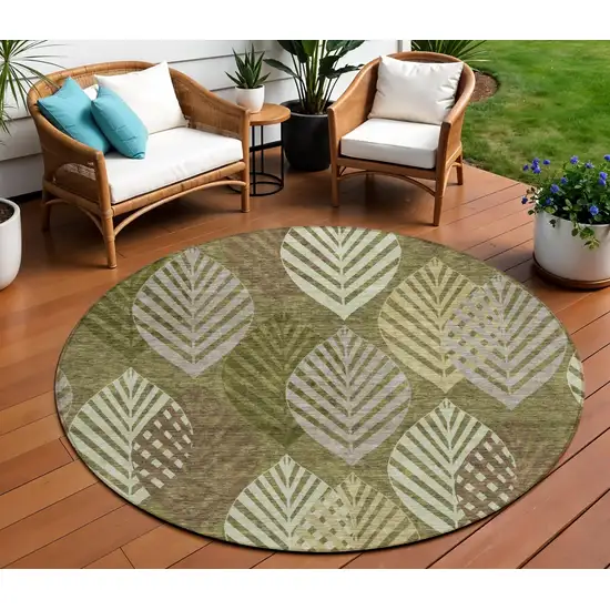 8' Olive Green Artichoke Green And Gray Round Floral Washable Indoor Outdoor Area Rug Photo 1