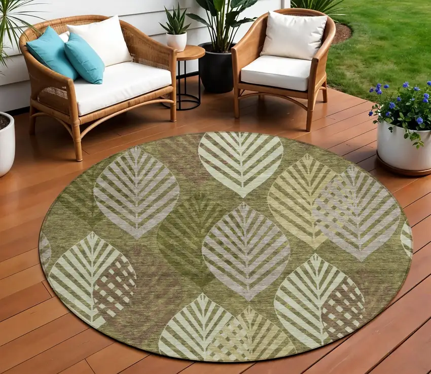 8' Olive Green Artichoke Green And Gray Round Floral Washable Indoor Outdoor Area Rug Photo 1
