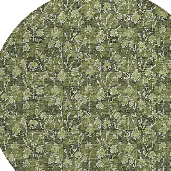 8' Olive Green Artichoke Green And Ivory Round Floral Washable Indoor Outdoor Area Rug Photo 4