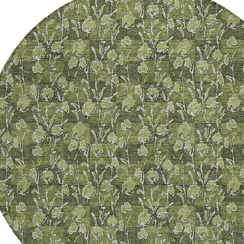 8' Olive Green Artichoke Green And Ivory Round Floral Washable Indoor Outdoor Area Rug Photo 4