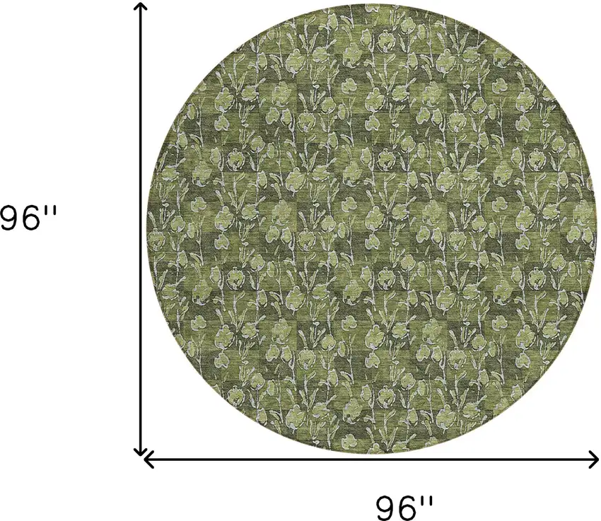 8' Olive Green Artichoke Green And Ivory Round Floral Washable Indoor Outdoor Area Rug Photo 3
