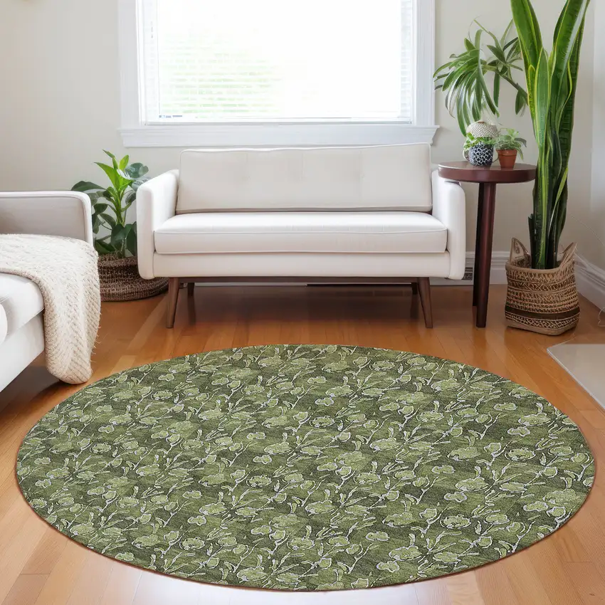 8' Olive Green Artichoke Green And Ivory Round Floral Washable Indoor Outdoor Area Rug Photo 7