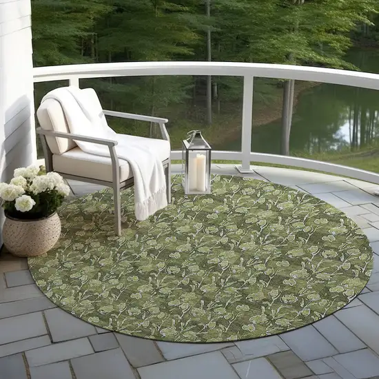 8' Olive Green Artichoke Green And Ivory Round Floral Washable Indoor Outdoor Area Rug Photo 6