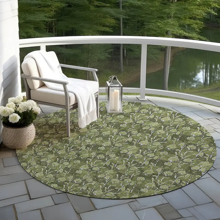 8' Olive Green Artichoke Green And Ivory Round Floral Washable Indoor Outdoor Area Rug Photo 6