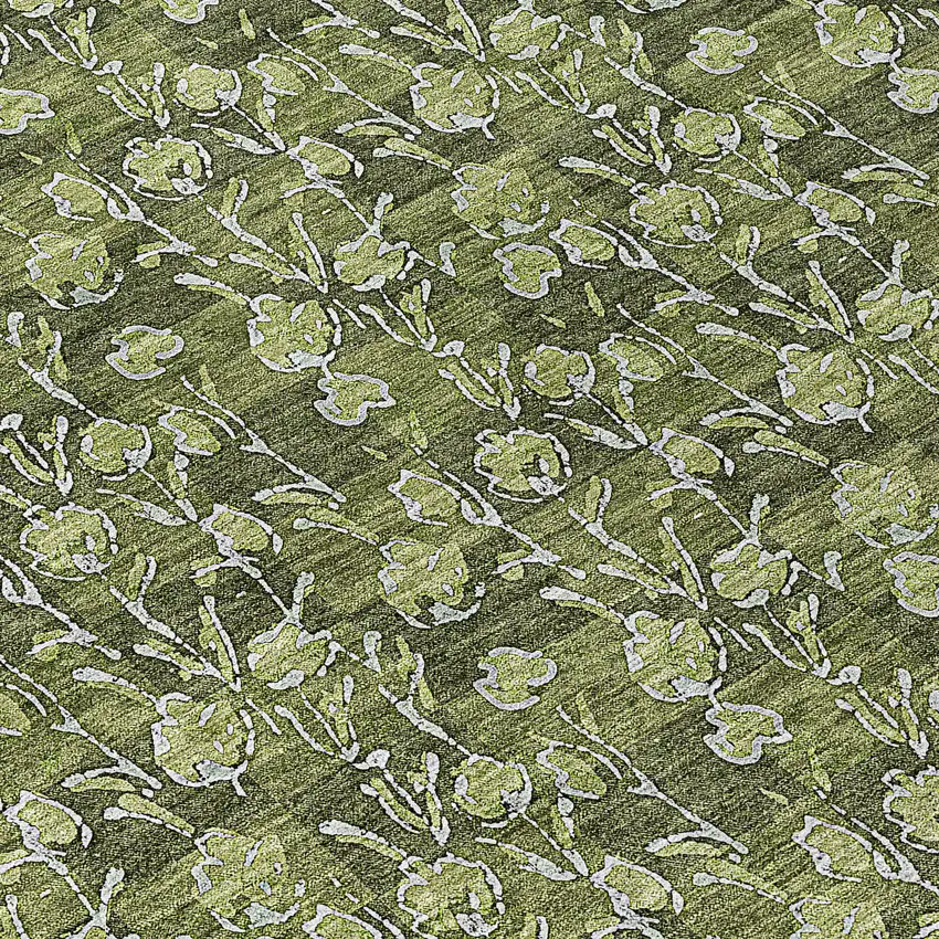 8' Olive Green Artichoke Green And Ivory Round Floral Washable Indoor Outdoor Area Rug Photo 8