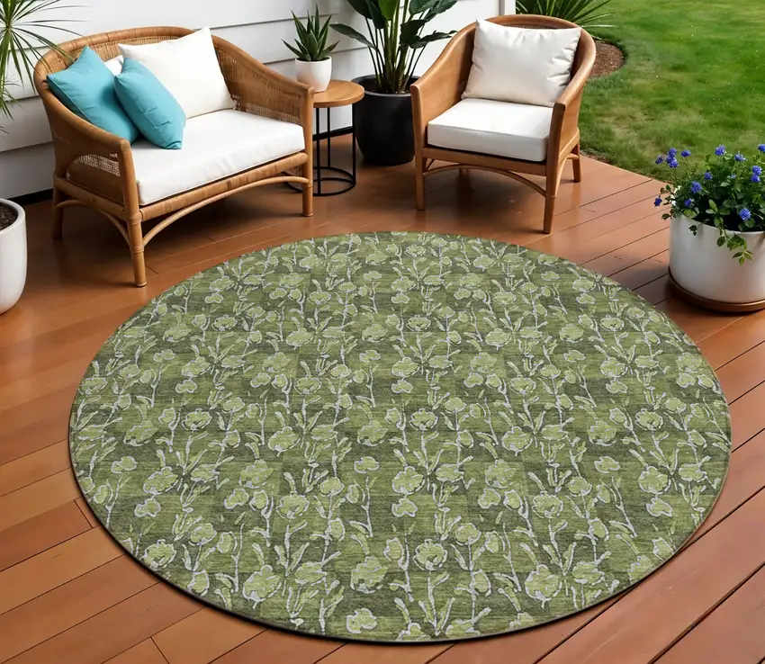 8' Olive Green Artichoke Green And Ivory Round Floral Washable Indoor Outdoor Area Rug Photo 1