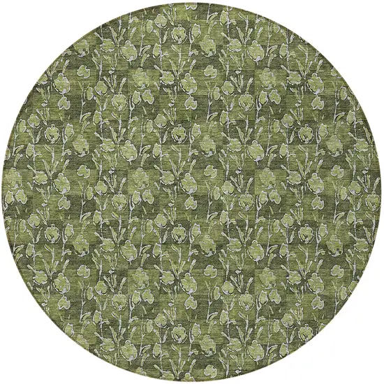 8' Olive Green Artichoke Green And Ivory Round Floral Washable Indoor Outdoor Area Rug Photo 5